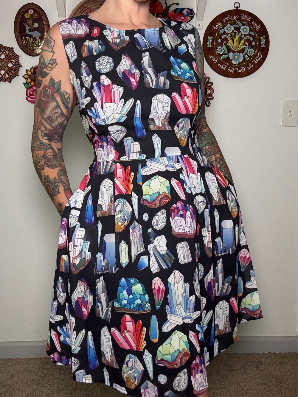 Black Crystal Print Fit-and-Flare Dress